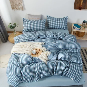 

Classic Simple Bedding Sets Solid Blue Lattice Duvet Cover Sheet Pillow Case Grid Bed Linens 200x230cm Full Size Home Textile