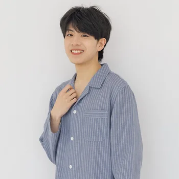 

Japanese Simple Striped Pajama Suit Grey Blue Cotton Pajama Men's Spring Autumn Long Sleeve Trousers Household Clothes Summer