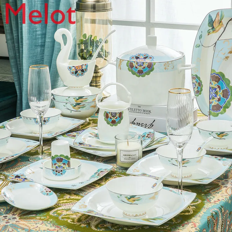 

Jingdezhen High-End Bone China Tableware Suit 60 PCs European-Style Minimalist Creative Ceramic Bowl Dish Set Household