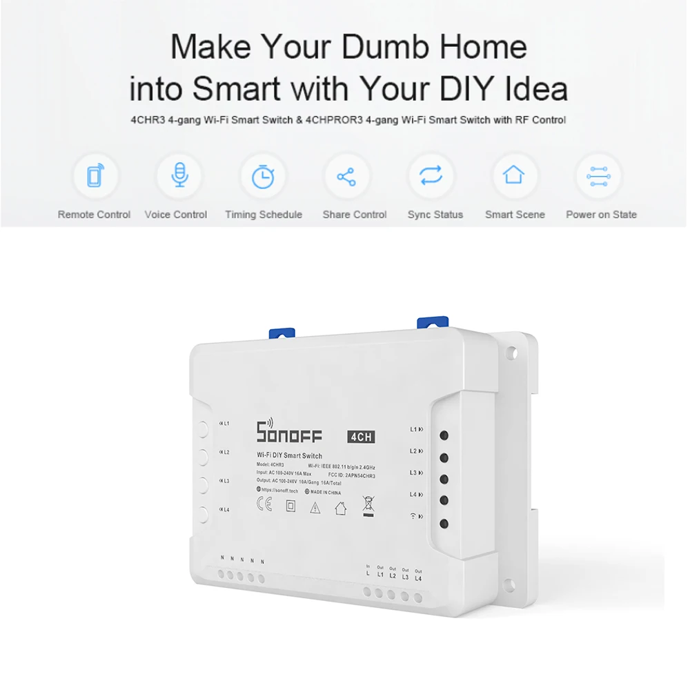 Беспроводной смарт выключатель Sonoff R3 ITEAD 4 канальный совместим с Amazon Alexa для