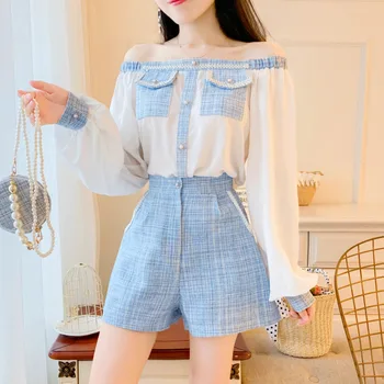 

Autumn High Quality 2 Piece Set Women Fashion Runway Designer Sexy Off Shoulder Tweed Patchwork Shirt Tops + Woolen Shorts Suits