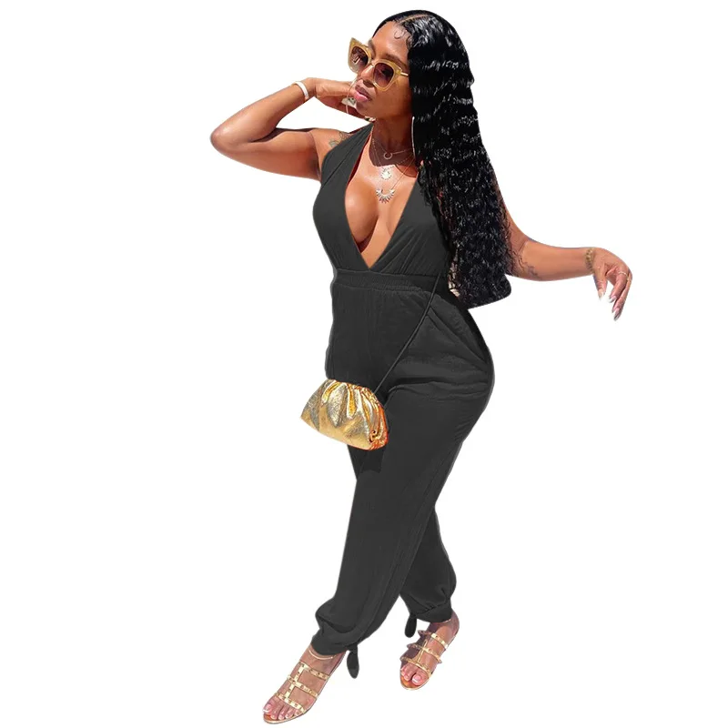 

Casual Women Jumpsuit Sleeveless Deep V-neck Solid Color Streetwear Sportwear Loose Long Romper Women Jumpsuit