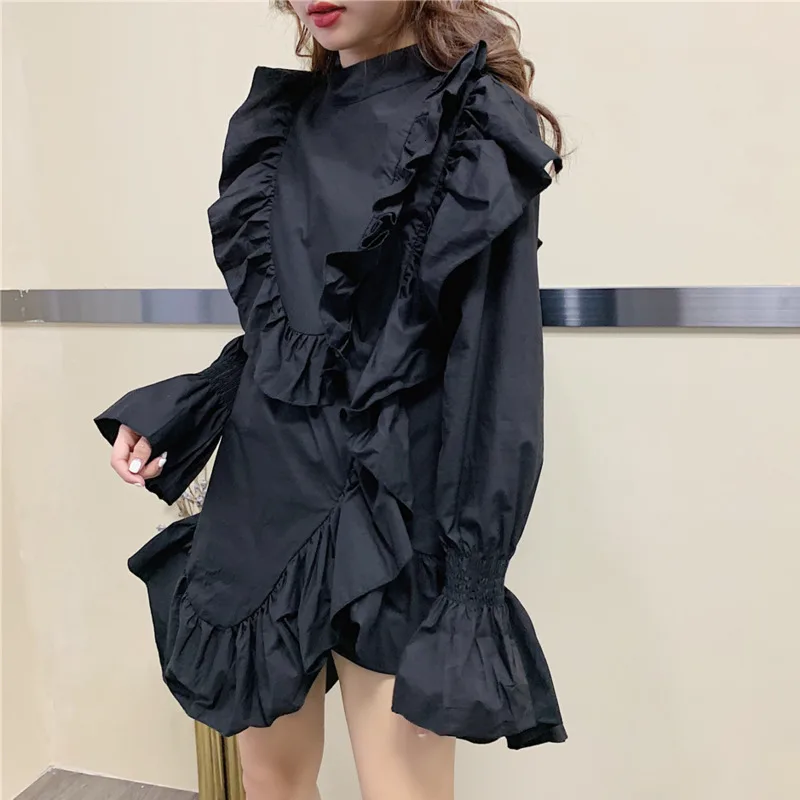 

2020 Spring Long Flare Sleeve O Neck Ruffles Loose Free Size Japan Style Black Irregular Short Mini Dress Women