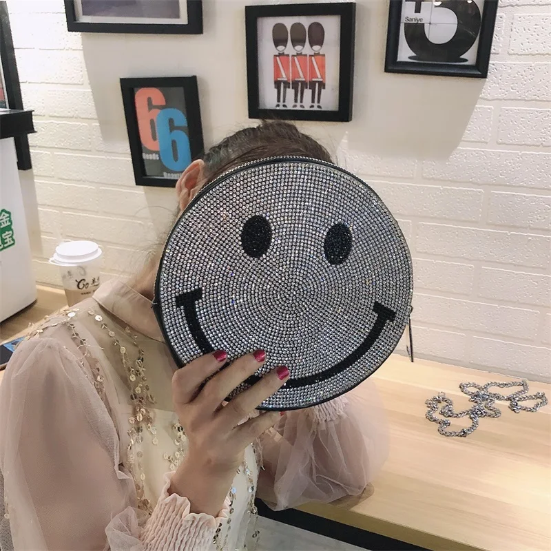 

Diamond-studded bag women's bag new small round bag rhinestone smiley face bag female chain all-match one-shoulder messenger bag