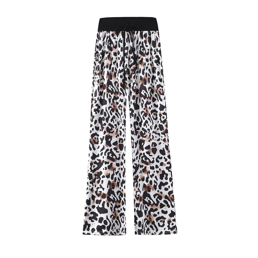 Plus Size Fashion Autumn Leopard Printed Wide Leg Pants Women High Waist Loose Pants Elegant Office Ladies