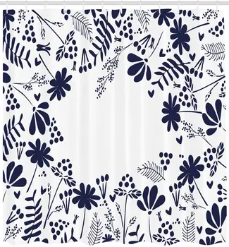 

Navy Shower Curtain Botanical Beauty Flower Branches Ferns Leaves Bushes Spring Themed Illustration Fabric Bathroom Decor Set