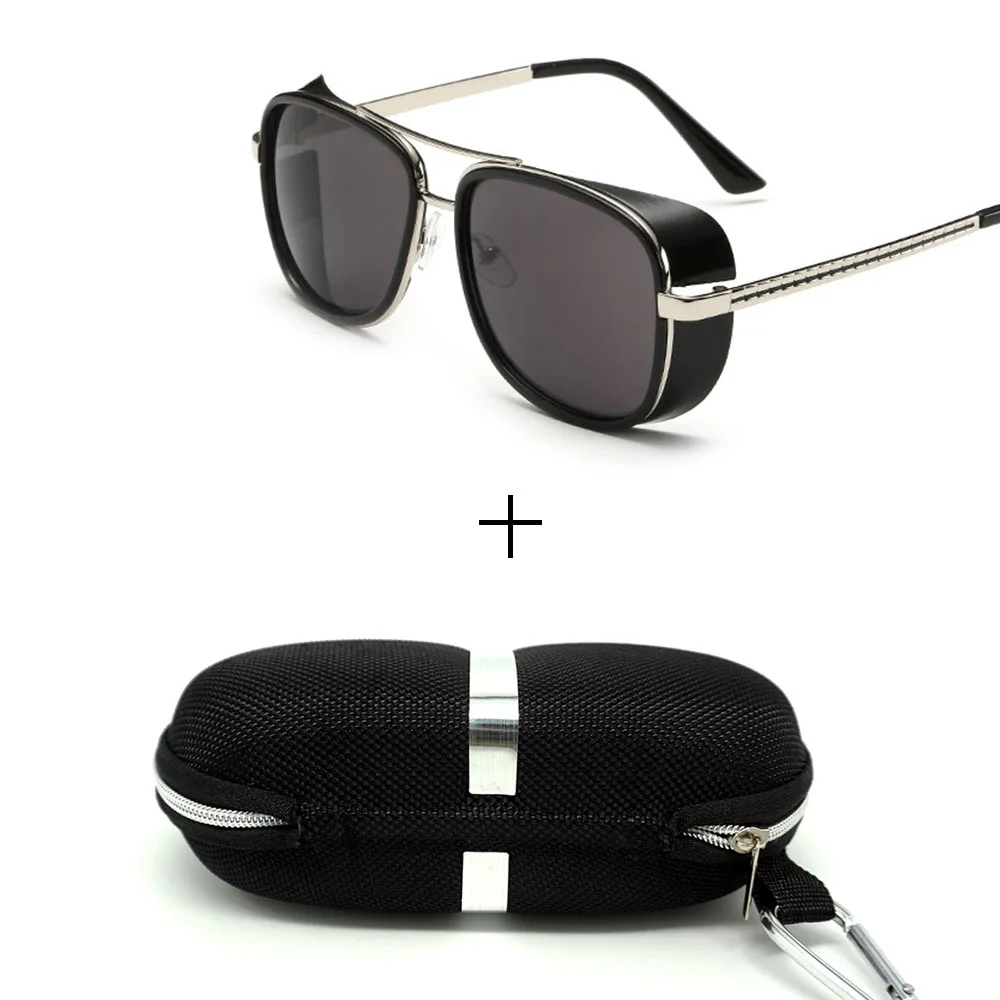 Glasses and case Минимальный мужской стимпанк солнцезащитные очки тони старк железный человек солнцезащитные очки ретро винтажные очки стимпанк солнцезащитные очки UV400 - Цвет линз: Glasses and case