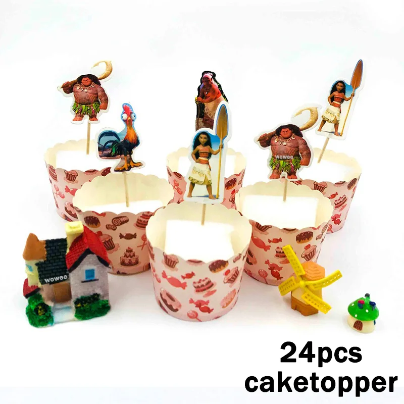 24pc Cake Topper 6 шт./компл. с героями мультфильма «Моана»; день рождения поставки разлив нефти свистки на день рождения для детей с героями мультфильма «Моана»; вечерние свадебные сувениры украшения Шум создатель игрушек - Цвет: 24pc Cake Topper