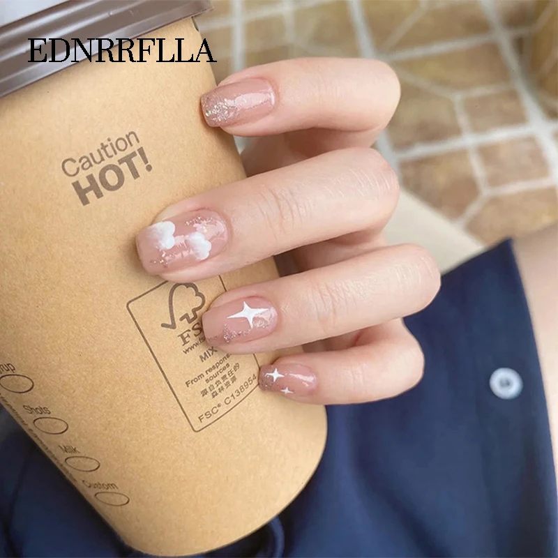 Short Round Fake Nails Star Clouds Press On False Nail Tips with Designs Set Bow French Nail Art Decoration Manicure Tools