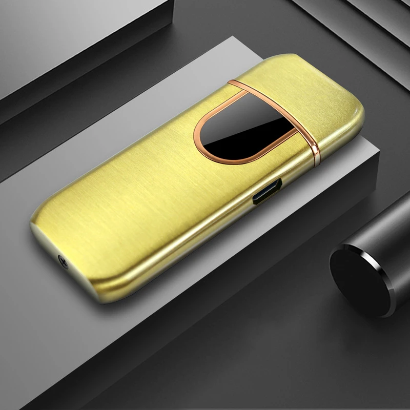 Золотой Креативная ультратонкая USB зарядка, Индукционная зажигалка с отпечатком пальца, металлическая ветрозащитная Электронная зажигалка, подарок - Цвет: Золотой