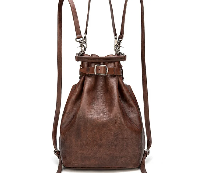 

Genuine leather cow skin vintage backpack large capacity bucket bag handmade bags