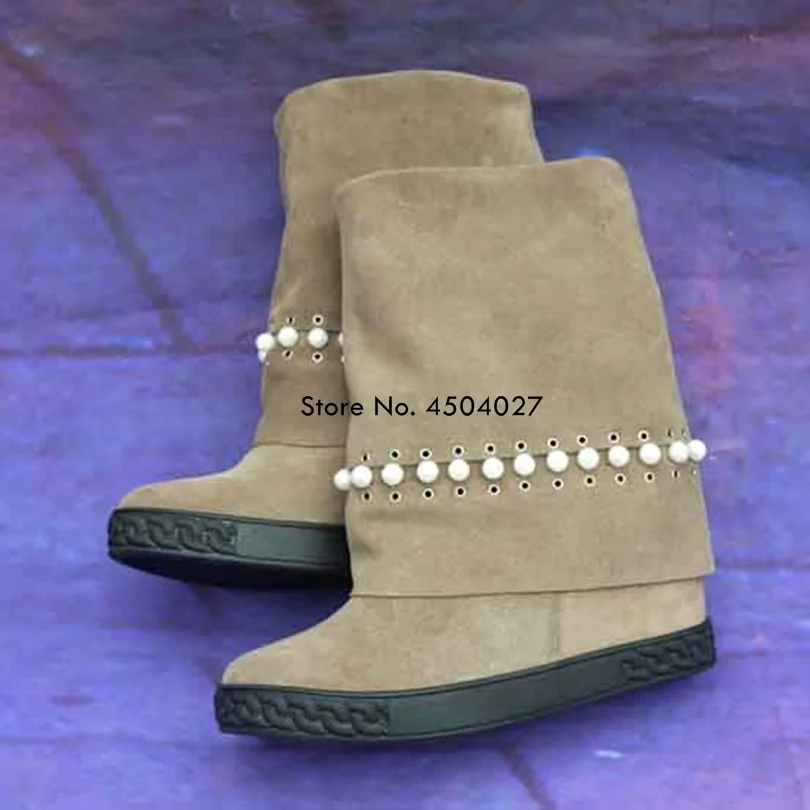 

New Woman Casual Slip-on Pearl Embellished Women Mid-calf Boots Shoes Autumn Gladiator Height Increasing 8 cm Boots Shoes