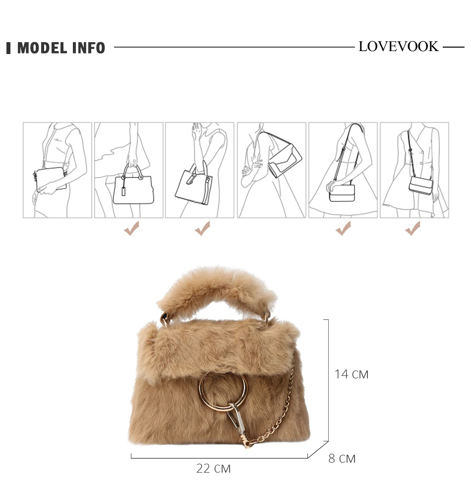 Женская сумка с верхней ручкой LOVEVOOK, моднная сумка из натурального кроличьего меха, сумки через плечо для дам с цепочкой, женская сумка-мессенджер для зимы