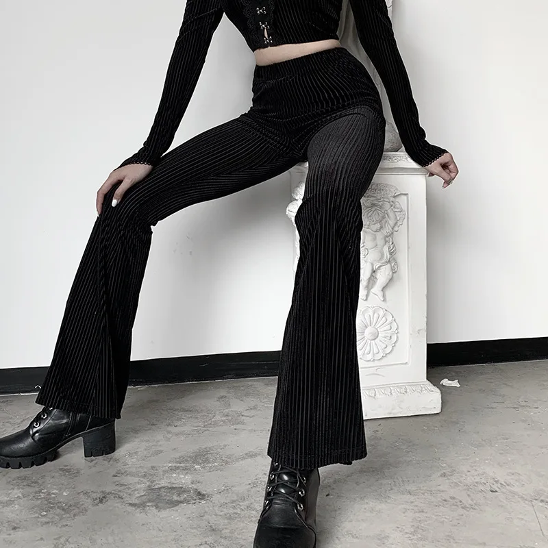

Zoulv Women Elastic High Waist Legging Casual Trousers Autumn Elegant Long Pants Women Capris Black Velvet Stripe Flare Trousers