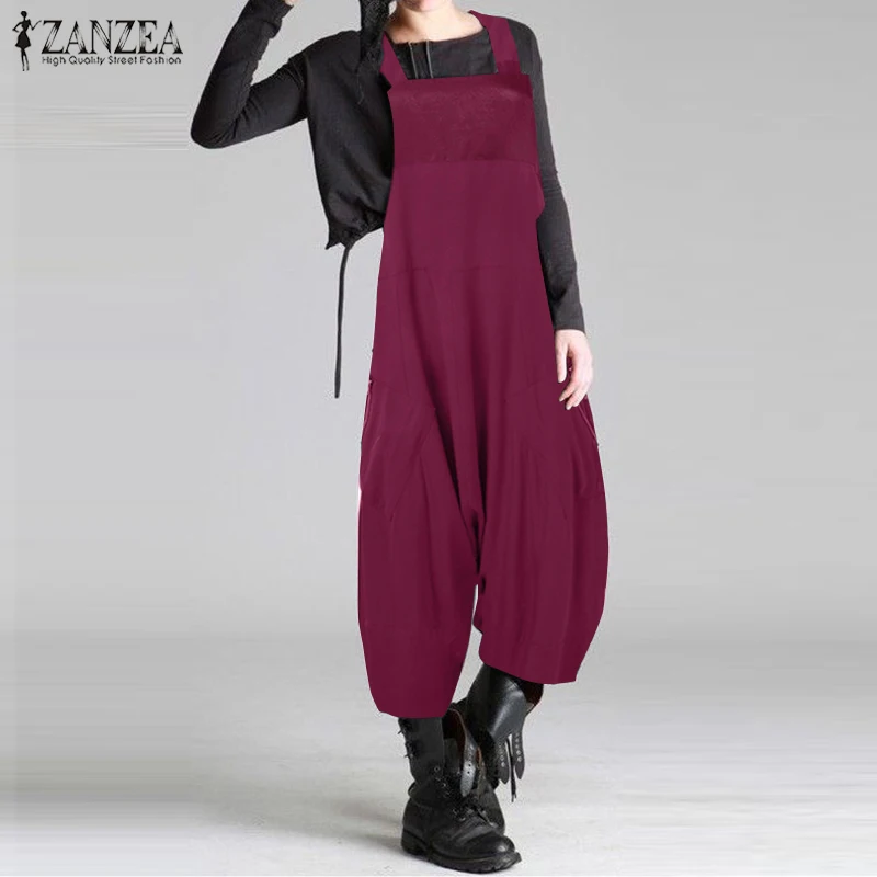 

Fashion Suspender Overalls Women's Summer Jumpsuits 2020 ZANZEA Casual Drop Crotch Long Pants Female Solid Rompers Plus Size 5XL