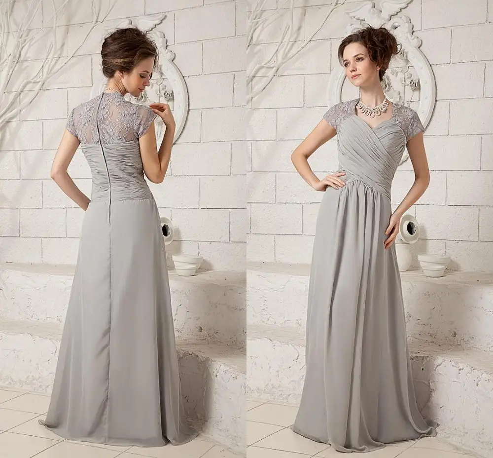 

New Silver Chiffon A Line Long Mother of The Bride Dresses 2020 Top Lace Pleats Formal Party Gowns Custom Made Vestidos de Noiva