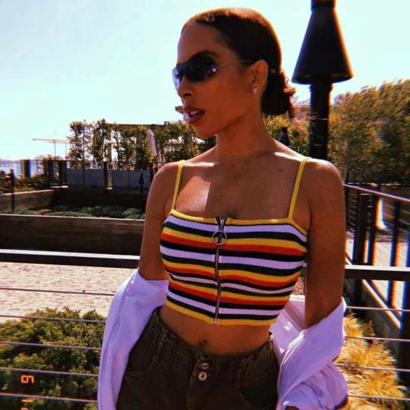 IAMHOTTY Rainbow Striped Zipper Women Tank Top Backless Sleeveless Sexy Tank Top Bodycon Sweet Korean Style Spaghetti Strap Top