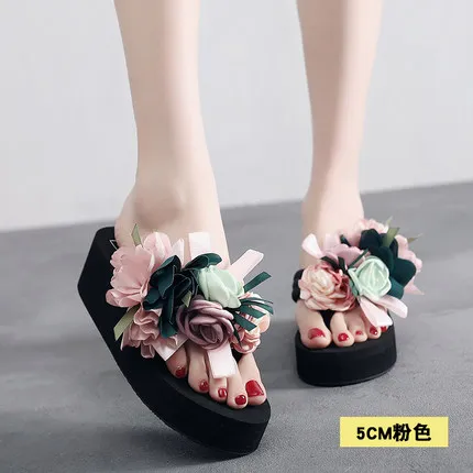 5cm-heel pink Новинка года; женские шлепанцы; Вьетнамки; женские сандалии; женская пляжная обувь с цветком; модная Уличная обувь на плоской подошве; шлепанцы с цветочным узором на высоком каблуке 5 см - Цвет: 5cm-heel pink