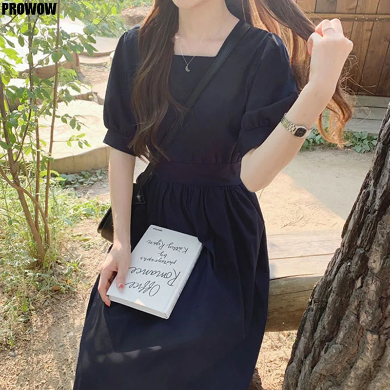 Vintage High Waist Square Collar Casual Dress 2020 New Summer Women Dress Cotton And Linen Lace Up Bow Puff Sleeve Long Dresses
