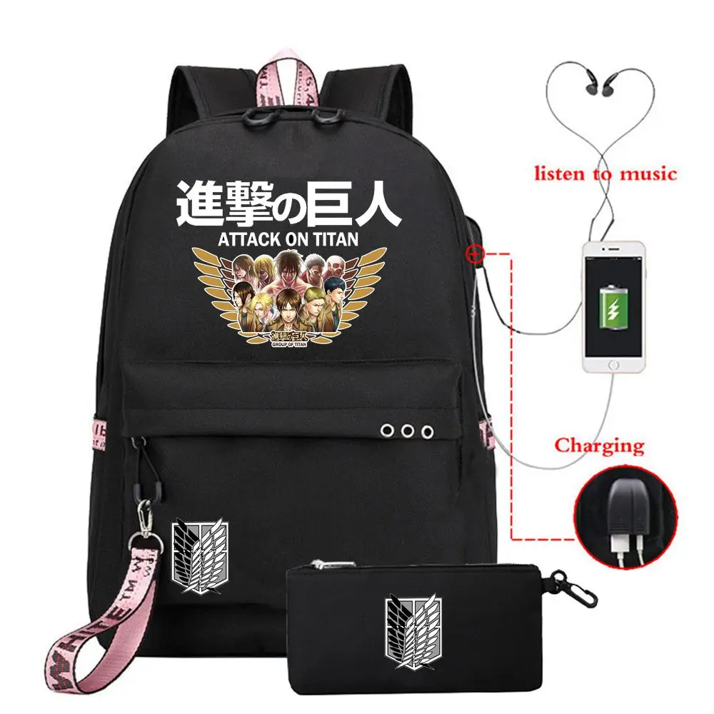 

2PCS Attack On Titan Survey Corps Fashion Backpack + Pencil Student School Bag Bookbag Women Men Travel Shoulder Laptop Bags