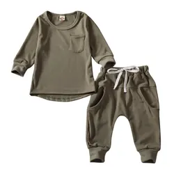 Dropshipping 2pcs Pyjama Set Toddler Kids Baby Boys Girls plain long sleeve green Autumn Outfits Clothes Sets Tops+Pants Bottoms