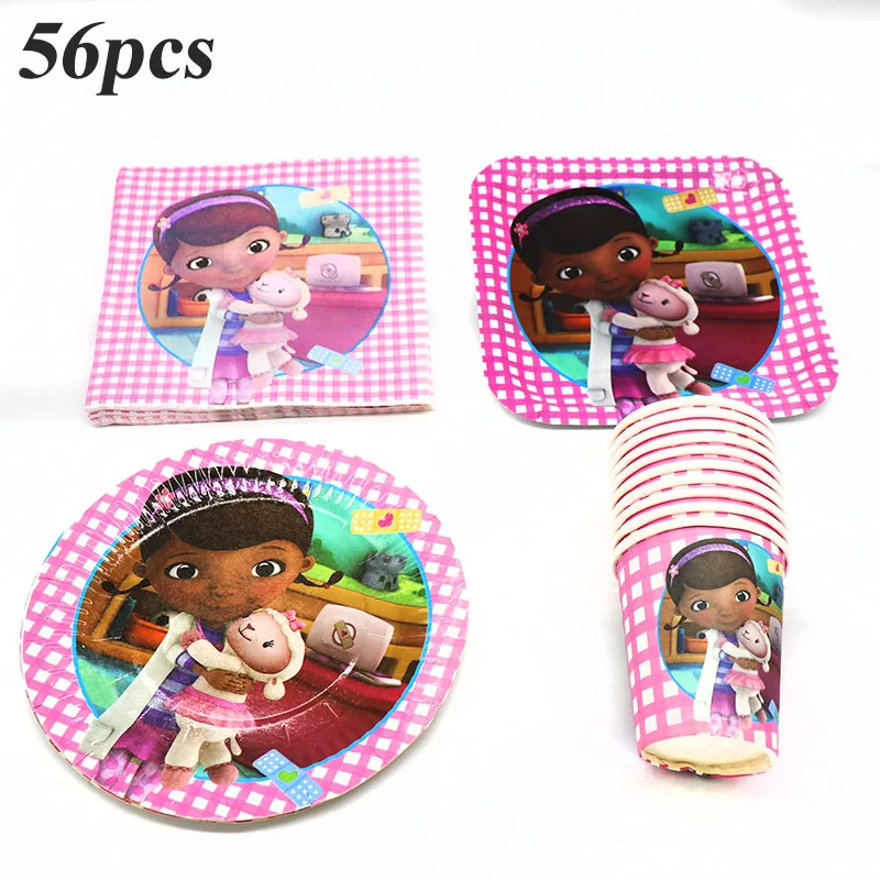 56 шт. Doc McStuffins одноразовая посуда для праздника McStuffins тарелки салфетки для стаканчиков соломинки Dotties украшения для дня рождения