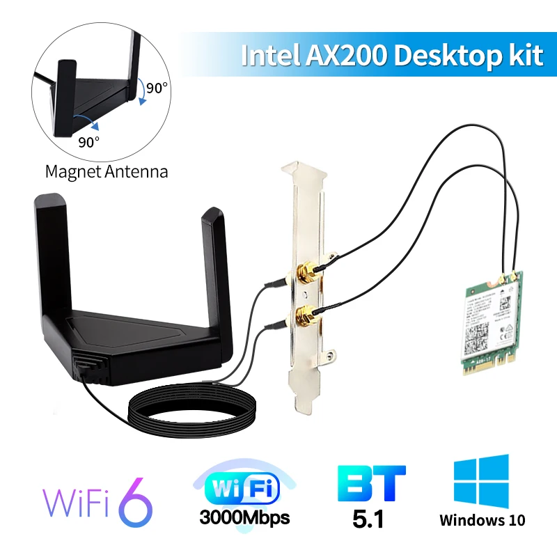 

Wireless Dual band 3000Mbps 802.11ax/ac Wi-Fi 6 Desktop Kit Intel AX200 Bluetooth5.0 Wifi Card 2.4G/5Ghz AX200NGW Adapter