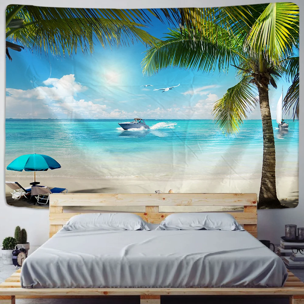 Beautiful Natural Seaside Scenery Art Mandala Printed Polyester Tapestry, Wall Decoration, Living Room, Bedroom, Office