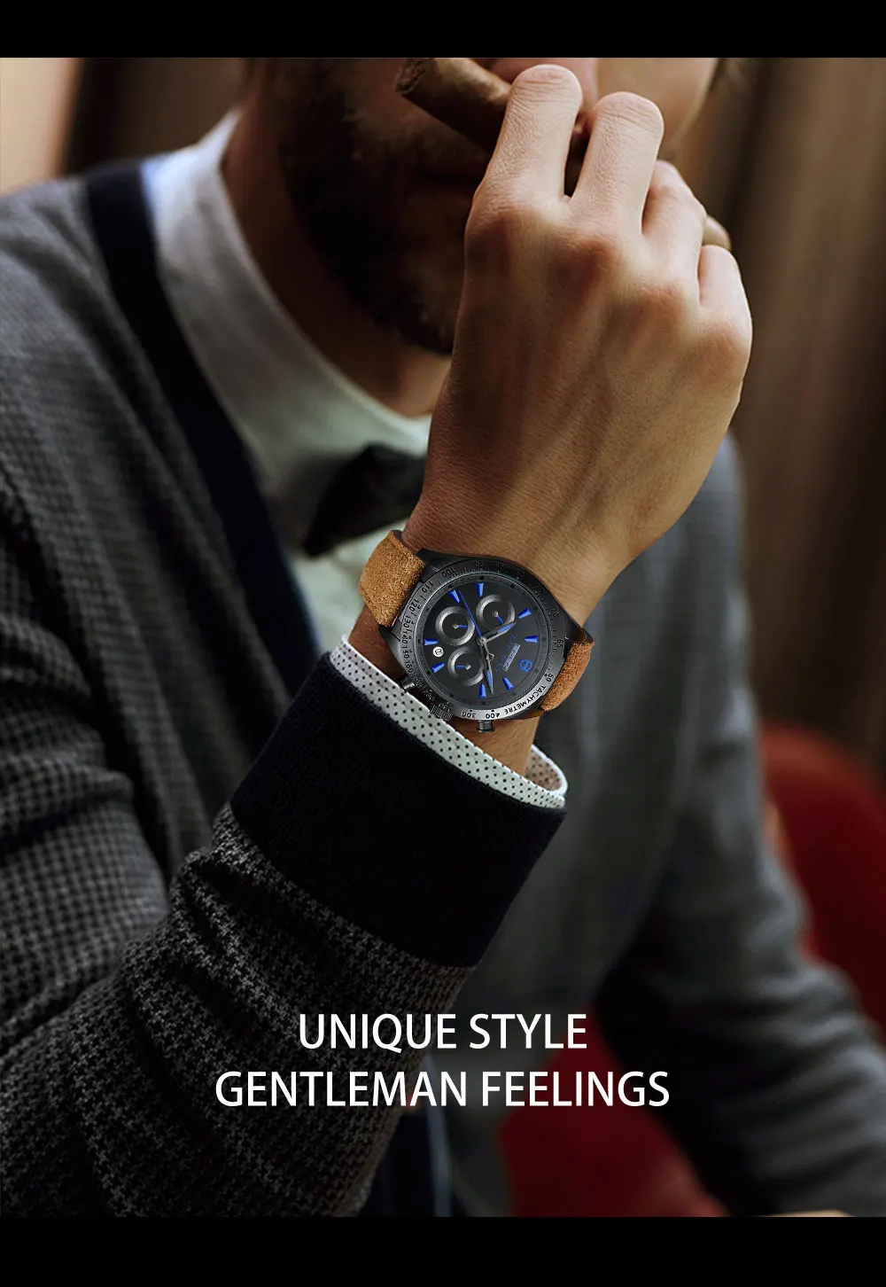 2022 Ever Move Men's Sports Chronograph  Luxury Literal Business Style Multifunctional Leather Real Nail Quartz Watch