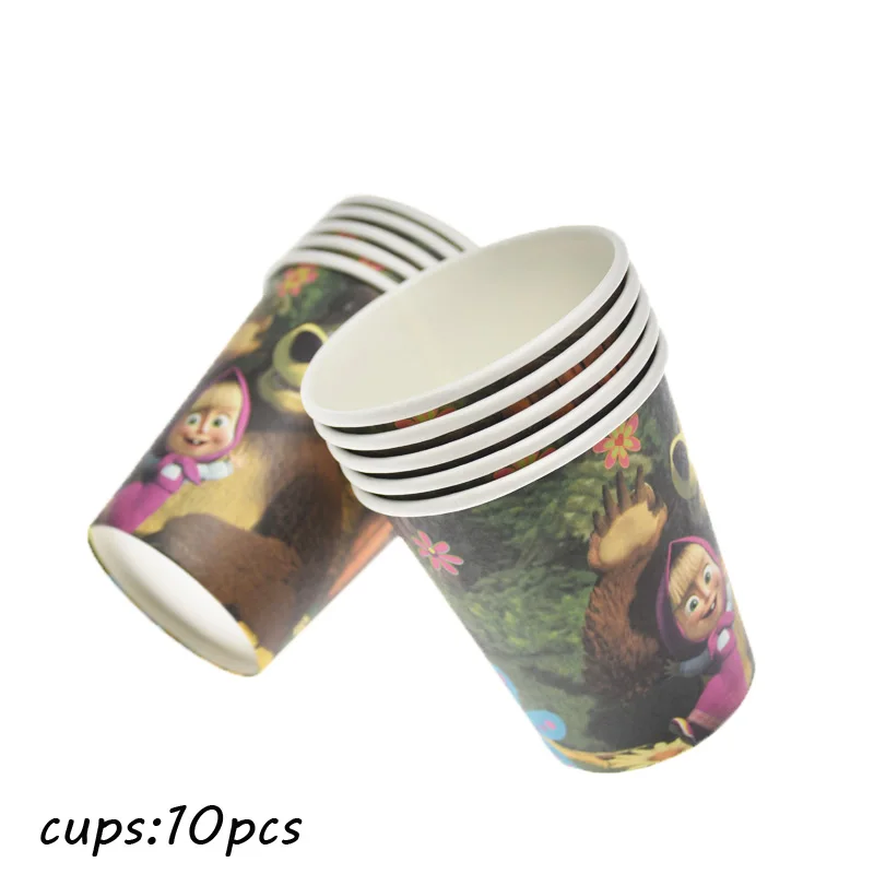 Cup 10pcs Мультфильм Маша и Медведь День рождения украшения Дети Девочка одноразовые столовые приборы набор салфеток чашка тарелка Подарочная сумка вечерние принадлежности - Цвет: Cup 10pcs