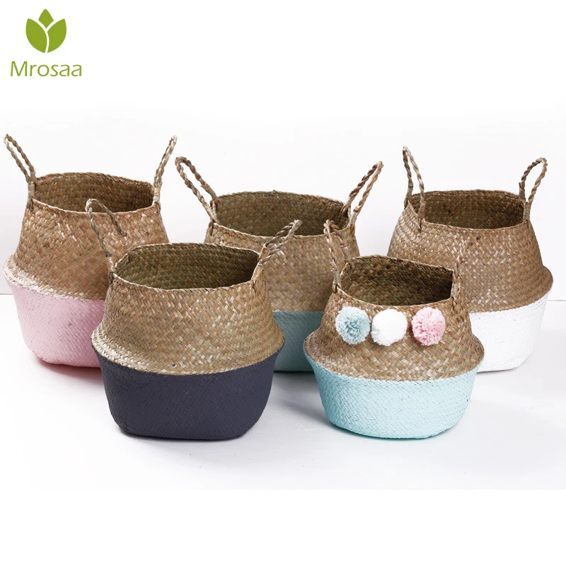 

Foldable Laundry Straw Patchwork Wicker Rattan Seagrass Belly Garden Flower Pot Planter Bamboo Baskets Handmade Storage Baskets