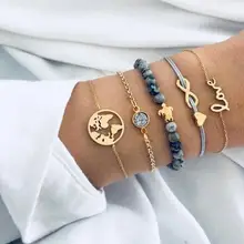 5 шт./компл. Для женщин Boho Панк черепаха карта буквы из кристаллов Бусы Многослойные кулон набор с золотым браслетом вечерние, ювелирное изделие, подарок