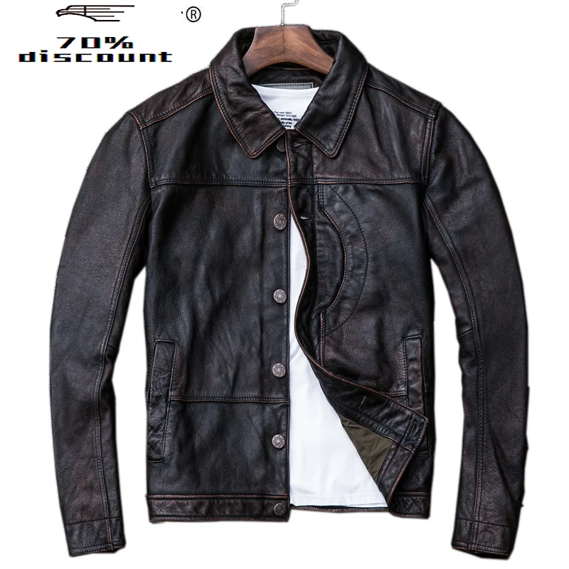

Real Cowhide Genuine Jacket Leather Men Short Vintage Autumn Cow Leather Jackets and Coats Motorcycle Veste Cuir Homme KJ2290