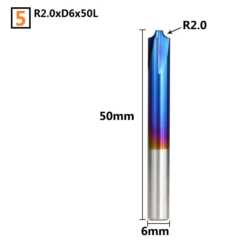 1 шт. R0.5-R5.0 Nano с синим покрытием угловая закругленная Концевая фреза ЧПУ Концевая фреза карбид фреза фаска Концевая фреза - Длина режущей кромки: R2.0xD6x50L