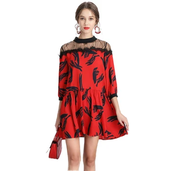 

Big Swing Print Ladies Finger Summer Dress 2020 Three Quarter Modis Lace Patchwork Red Dresses for Woman Mini Dresses Large Size