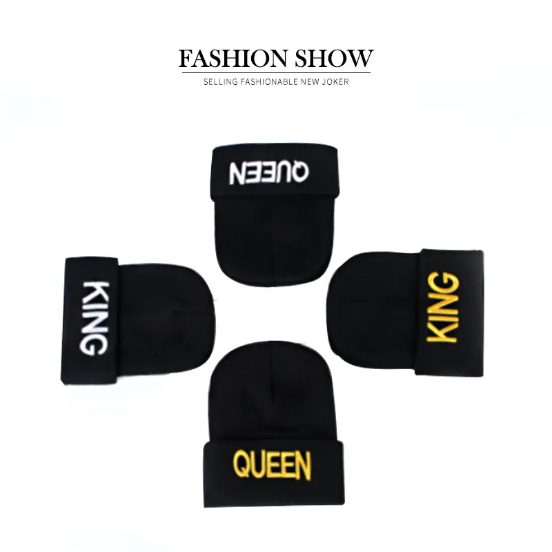 

King embroidered knitted hat queen couple winter women's wool hat beanies for ladies knit hat