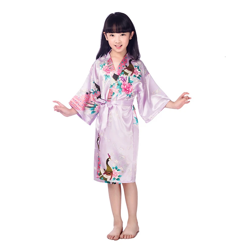 11 видов цветов, традиционное японское кимоно юката для девочек, костюмы, детские От 1 до 14 лет, летние тонкие пижамы из полиэстера для дома, рост 70-160 см - Цвет: Light purple