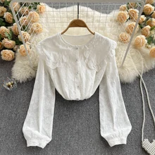 

Long Sleeve White Ruffle Blouse Tops Women Blusas Mujer De Moda 2022 Embroidery Peter Pan Collar Loose Chiffon Blouses Shirt New