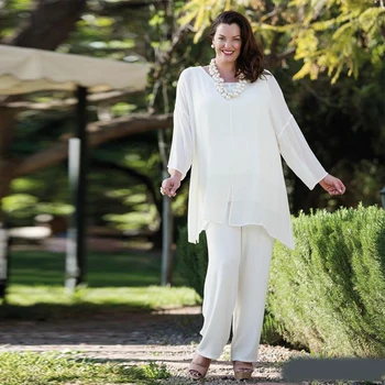 

White Chiffon Mother Of The Bride Pant Suits With Long Sleeves Wedding Guest Dress Plus Size Cheap Mothers Of The Groom Dresses