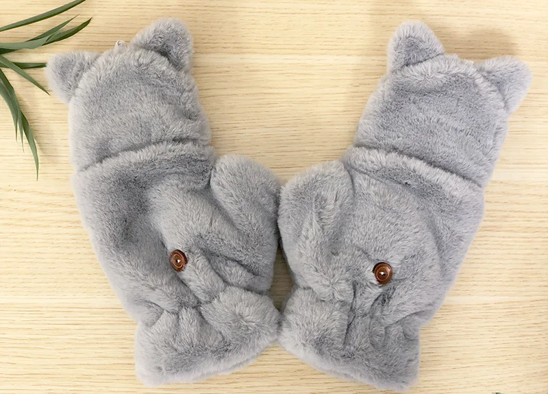 Winter Warm Plush Rabbit Catoon Cat Fur Knit Mittens Women Flip Half finger Gloves Thick Cute Cat Touchscreen Gloves 1Pair