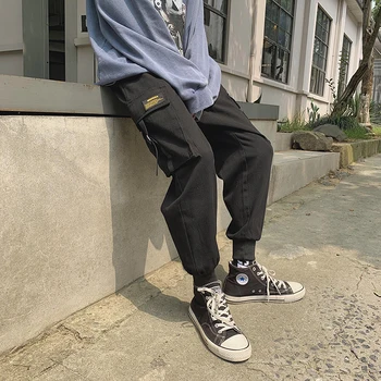

2019 Autumn New Tooling Beam Foot Student Couple Fashion Solid Color Pocket Elastic Loose Casual Pants
