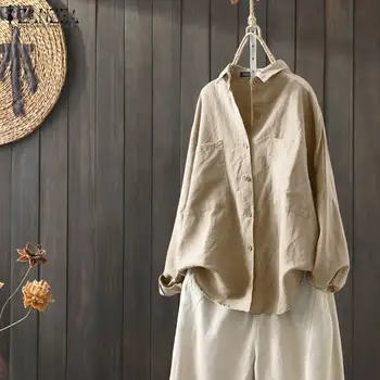 

Fashion Cotton Linen Tops Shirt ZANZEA Women Lapel Neck Long Sleeve Blouse Spring Buttons Solid Loose Blusas Casual Top Chemise
