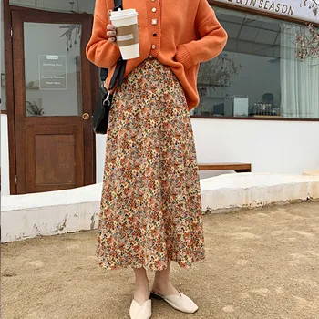 

Floral Skirts Womens 2020 Spring Elastic Waist A Line Long Skirt Female Fashion High Waist Purple Orange Skirt One Size RM50189