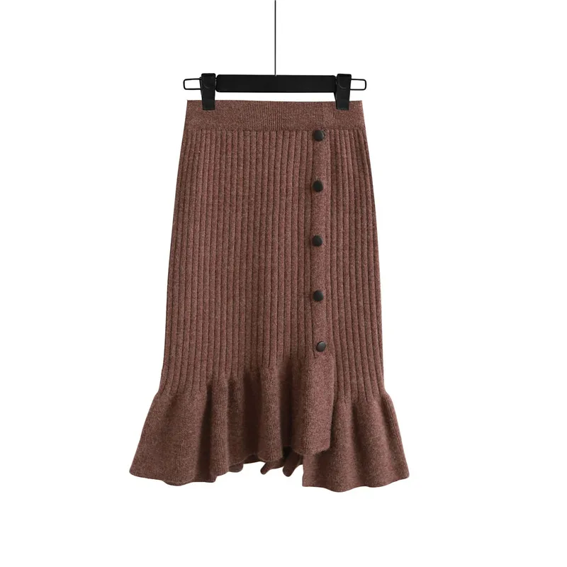 Плотная Теплая Зимняя юбка асимметричная с оборками Элегантная черная женская вязаная юбка с пуговицами эластичная юбка миди jupe femme