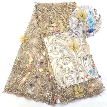 

Champagne Gold handmade french beaded lace fabrics 2019 3d flower sequins fabric luxury full beaded bridal lace fabric 5yards F8
