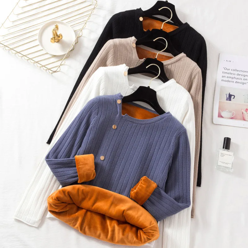 

Warm! Women's Irregular Collar Thick Velvet Knit Pullover Bottoming Sweater Autumn Winter Casual Solid Color Jumper Pull Femme