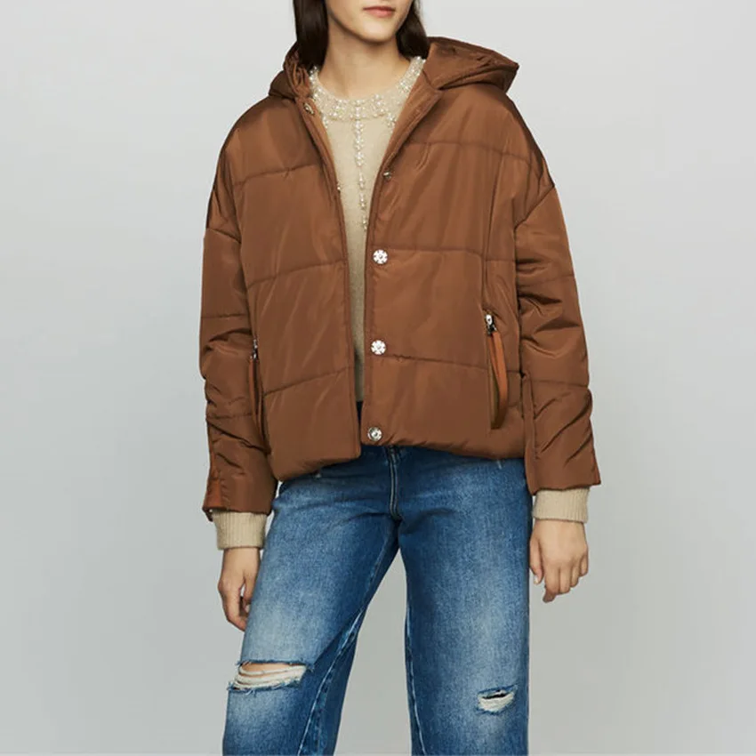 

Winter Hooded Padded Jacket Lady Solid Color Warm Zipper Pockets Outwear