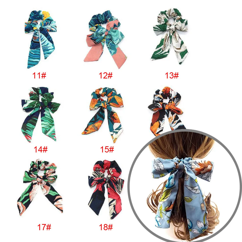 

Women Vintage Silk Hair Scrunchies Bow Streamers Hair Ring Fashion Ribbon Girl Hair Bands Rabbit's ear Scrunchies Horsetail Tie