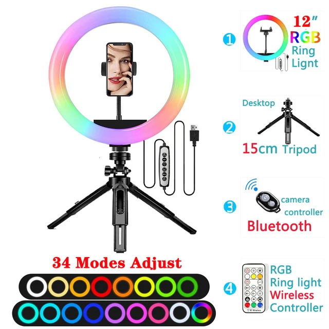 12in 30cm Selfie Ring Light RGB Tripod Phone Stand Holder Photography RingLight Circle Fill Light Led Color Lamp Trepied Makeup 12in RGB Type 8