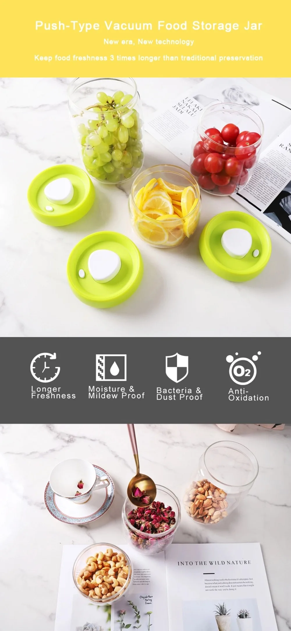 Vacuum Food Container One-button Inner Pump Airtight Plastic Storage Jars Coffee Container Set  Lunch Box Kitchen Accessories
